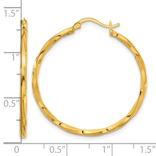 33mm Semi-Solid Twisted Hoop Earrings - 24K Yellow Gold