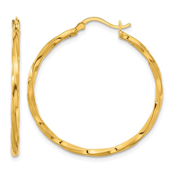 33mm Semi-Solid Twisted Hoop Earrings - 24K Yellow Gold