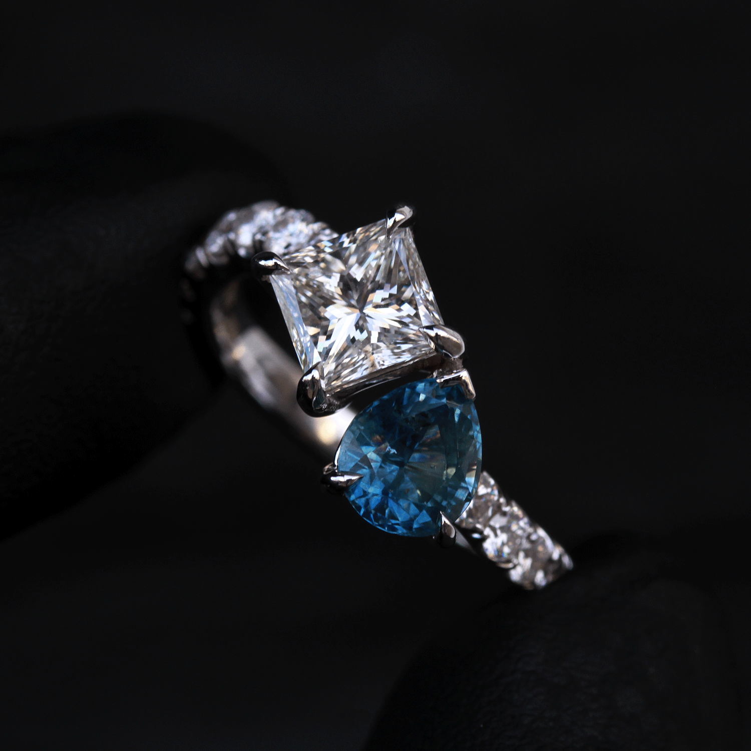 Custom Design Deposit - Pear Montana Sapphire & Princess Cut Natural Diamond Open Space Everyday Ring