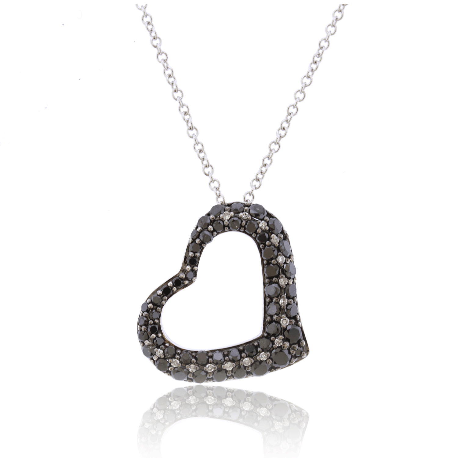 Black & White Diamond Sideways Heart Pendant Necklace - 14K White Gold