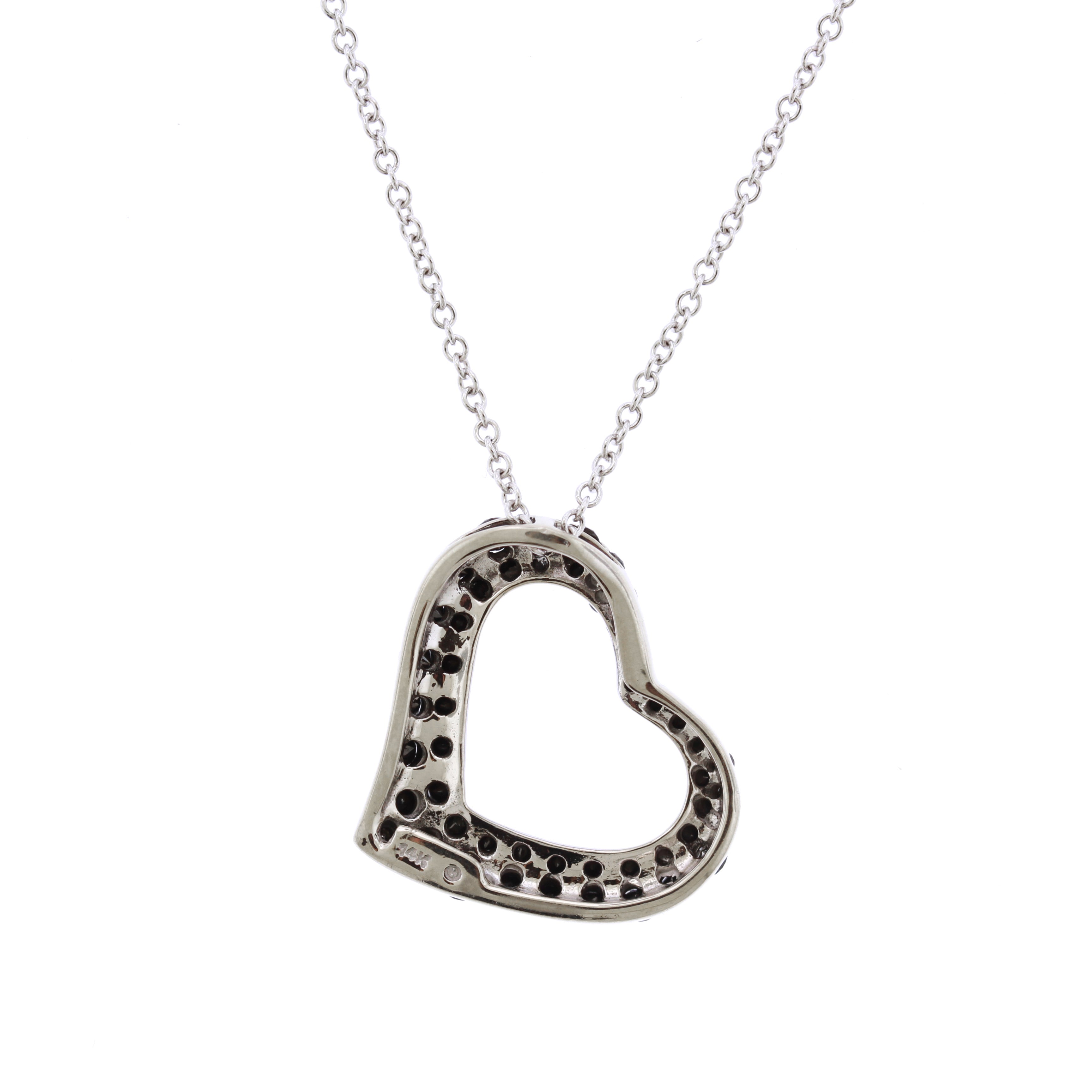 Black & White Diamond Sideways Heart Pendant Necklace - 14K White Gold