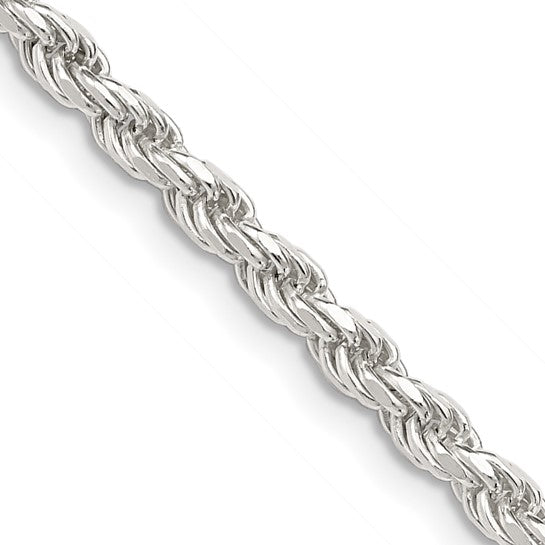 3mm Solid Diamond-Cut Rope Chain Necklace - Rhodium-Plated Sterling Silver