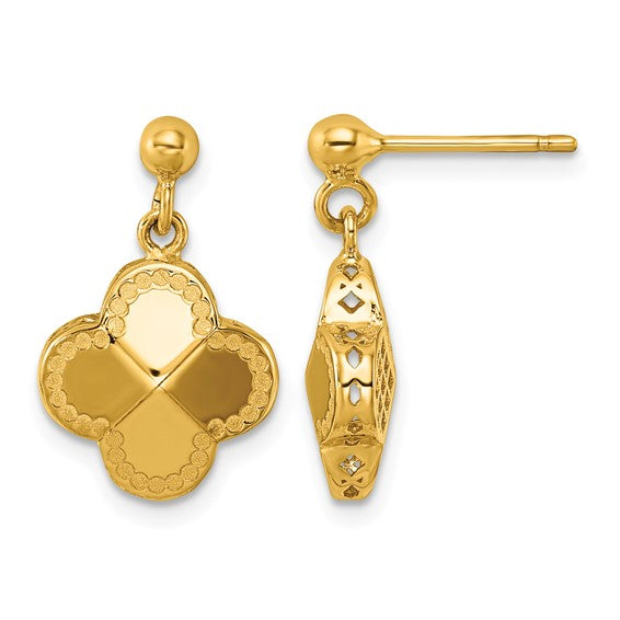 Clover Post Dangle Earrings - 14K Yellow Gold