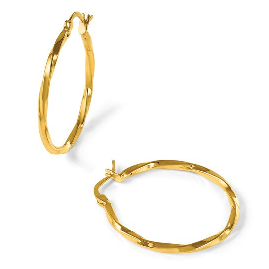 27mm Semi-Solid Twisted Hoop Earrings - 24K Yellow Gold
