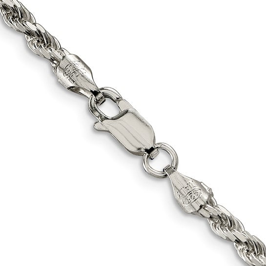 3mm Solid Diamond-Cut Rope Chain Necklace - Rhodium-Plated Sterling Silver