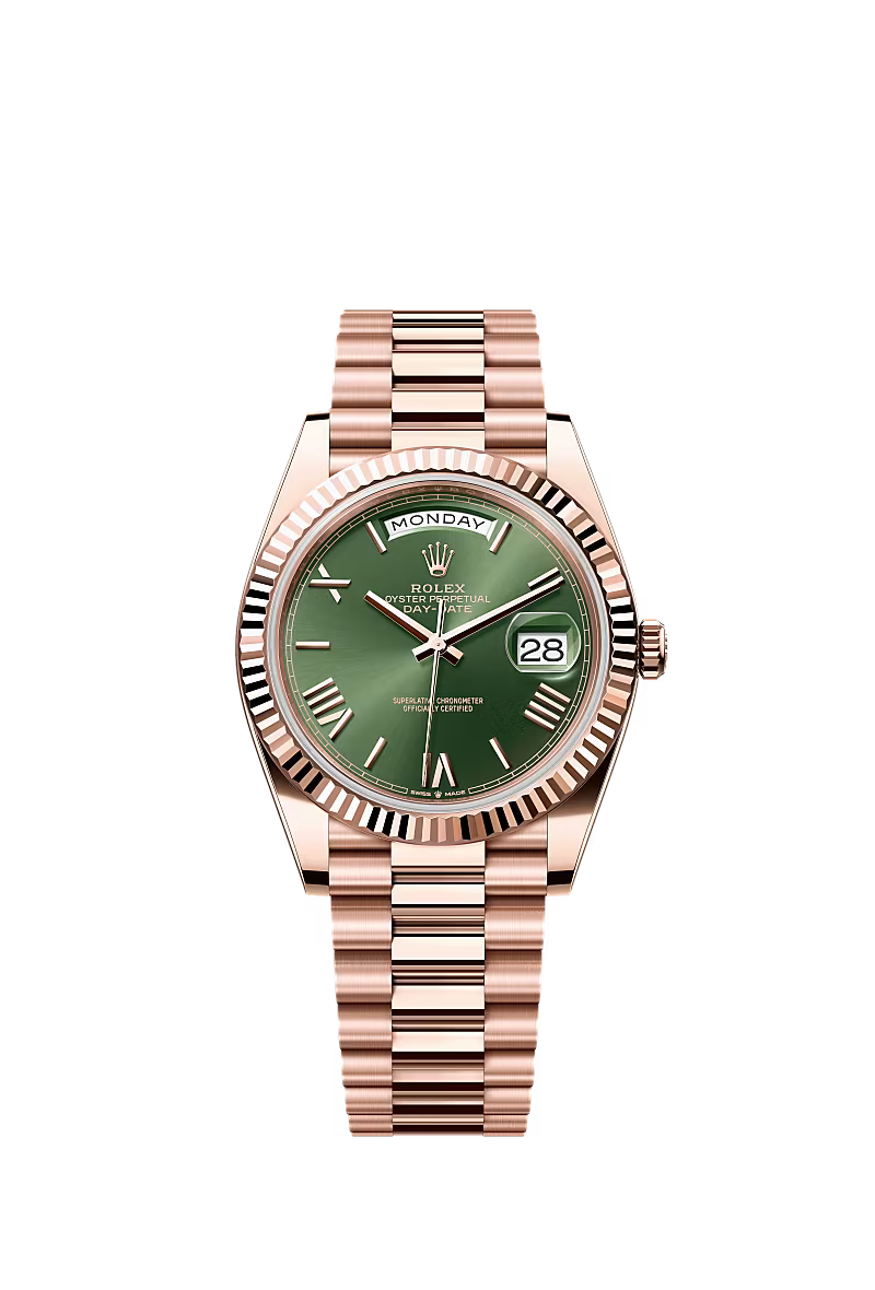 Rolex Day-Date 40 228235, 18K Rose Gold, Olive Green Dial, Presidental Bracelet, 40mm